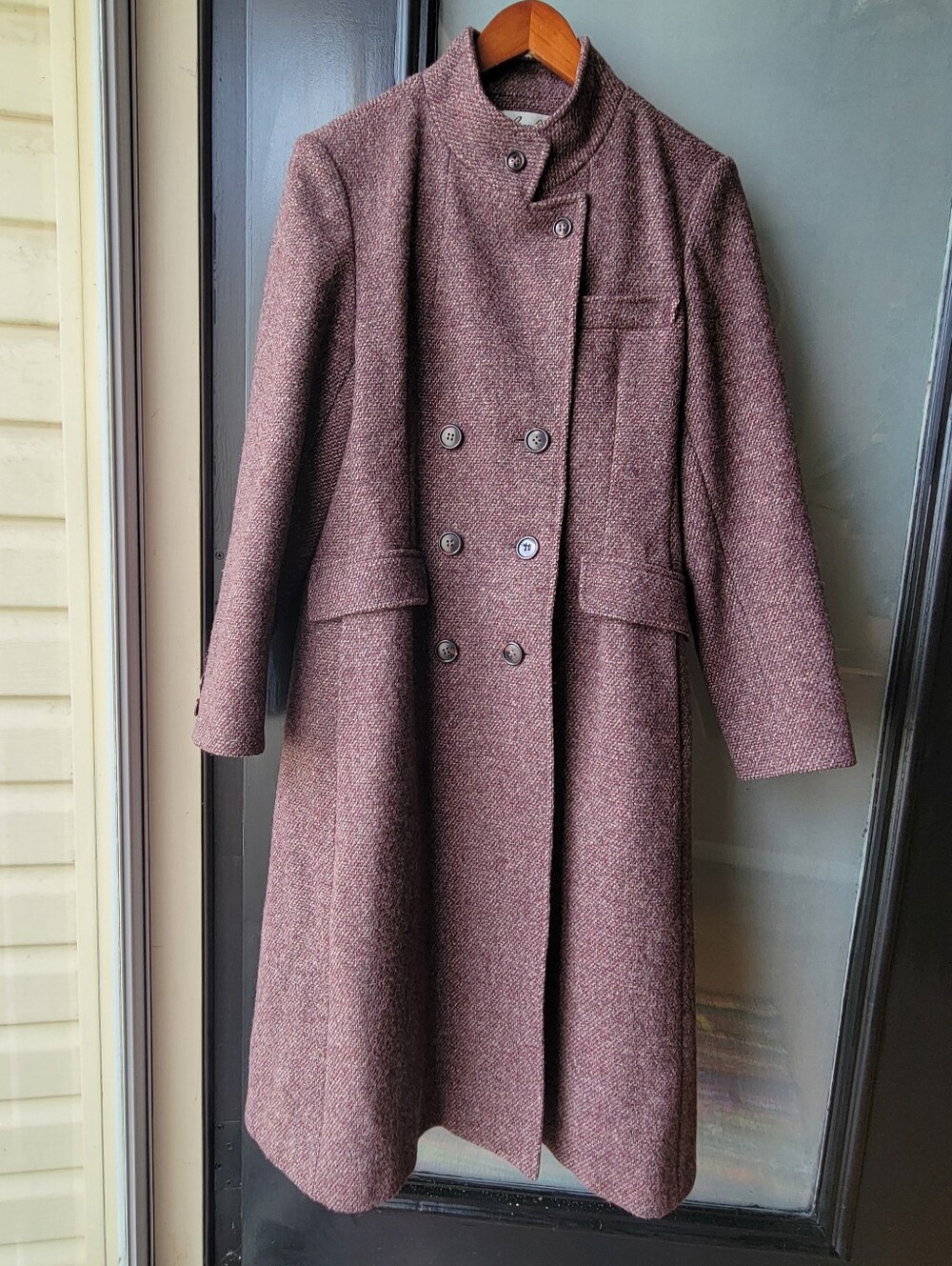 VTG Bromleigh burgundy button Tweed Wool Double Breasted Military Coat USA Med